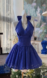 Navy Blue Halter A-Line Short Party Dress Sweet 16 Dress with Open Back HZ1024