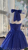 Navy Blue Halter A-Line Short Party Dress Sweet 16 Dress with Open Back HZ1024