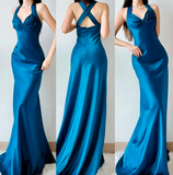 Blue Halter Mermaid Evening Gowns Elegant Satin Long Prom Dresses HZ1024