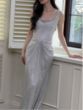 Silver Boat Neck Mermaid Glitter Satin Long Prom Dresses Formal Evening Gowns HZ1024
