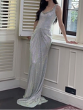 Silver Boat Neck Mermaid Glitter Satin Long Prom Dresses Formal Evening Gowns HZ1024