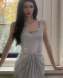 Silver Boat Neck Mermaid Glitter Satin Long Prom Dresses Formal Evening Gowns HZ1024
