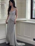 Silver Boat Neck Mermaid Glitter Satin Long Prom Dresses Formal Evening Gowns HZ1024