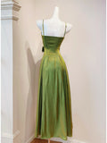 Green Spaghetti Straps A-Line Satin Long Prom Dresses Birthday Evening Gowns HZ1024