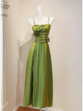 Green Spaghetti Straps A-Line Satin Long Prom Dresses Birthday Evening Gowns HZ1024