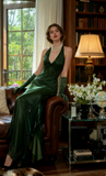 Green Halter Sheath Beaded Chiffon Long Prom Dresses Elegant Green Evening Gowns HZ1024