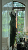 Green Halter Sheath Beaded Chiffon Long Prom Dresses Elegant Green Evening Gowns HZ1024