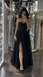 Black Strapless A-Line Tulle Long Prom Dresses Formal Evening Gowns HZ1024