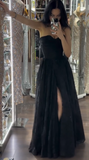 Black Strapless A-Line Tulle Long Prom Dresses Formal Evening Gowns HZ1024