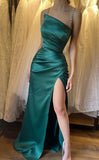 Green Spaghetti Straps Sheath Satin Long Prom Dresses Elegant Evening Gowns with Slits HZ1024