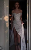 Beige Off Shoulder A-Line Sequin Long Prom Dresses Elegant Evening Gowns with Slits HZ1024