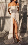 Beige Off Shoulder A-Line Sequin Long Prom Dresses Elegant Evening Gowns with Slits HZ1024