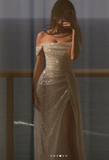 Beige Off Shoulder A-Line Sequin Long Prom Dresses Elegant Evening Gowns with Slits HZ1024