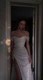 Beige Off Shoulder A-Line Sequin Long Prom Dresses Elegant Evening Gowns with Slits HZ1024