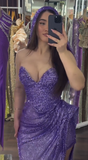 Purple Sweetheart Neck Sheath Sequin Long Prom Dresses Elegant Evening Gowns with Slits HZ1024
