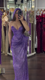 Purple Sweetheart Neck Sheath Sequin Long Prom Dresses Elegant Evening Gowns with Slits HZ1024