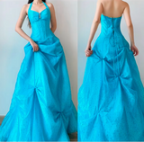 Blue Halter Neck A-Line Tulle Long Prom Dresses Sweet 20 Evening Gowns HZ1024