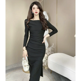 Hepburn style white long-sleeved one-shoulder dress HZ1024