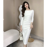 Hepburn style white long-sleeved one-shoulder dress HZ1024