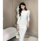 Hepburn style white long-sleeved one-shoulder dress HZ1024