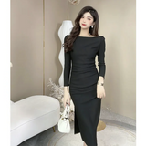 Hepburn style white long-sleeved one-shoulder dress HZ1024