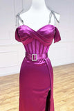 Fuchsia Spaghetti Straps Satin Formal Evening Dress with Slits HZ1024