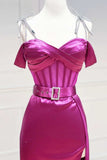 Fuchsia Spaghetti Straps Satin Formal Evening Dress with Slits HZ1024