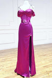 Fuchsia Spaghetti Straps Satin Formal Evening Dress with Slits HZ1024
