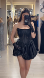 Black Strapless A-Line Satin Lace Short Evening Dress Fashion Birthday Party Dress HZ1024