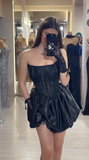 Black Strapless A-Line Satin Lace Short Evening Dress Fashion Birthday Party Dress HZ1024
