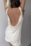 White Straps Sheath Sequin Beading Short Evening Dress Backless Party Dress HZ1024