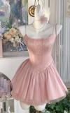 Pink Spaghetti Straps A-Line Tulle Satin Short Sweet 16 Dresses Birthday Party Dress HZ1024