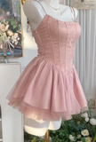 Pink Spaghetti Straps A-Line Tulle Satin Short Sweet 16 Dresses Birthday Party Dress HZ1024