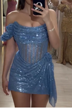 Gray Blue Off Shoulder Sheath Short Evening Gowns Glitter Homecoming Dress HZ1024