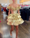 Gold Off-the-shoulder A-Line Taffeta Short Prom Dresses Tiered Homecoming Dress HZ1024