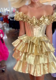 Gold Off-the-shoulder A-Line Taffeta Short Prom Dresses Tiered Homecoming Dress HZ1024