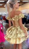 Gold Off-the-shoulder A-Line Taffeta Short Prom Dresses Tiered Homecoming Dress HZ1024