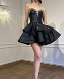 Black A-Line Sweetheart Neck Short Party Dress Sweet Birthday Evening Dress with Diamonds HZ1024