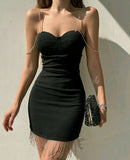 Black Sweetheart Neck Bodycon Short Party Dress Chic Evening Dress with Tassels HZ1024
