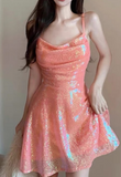Orange Spaghetti Straps A-Line Short Cocktail Dress Pool Party Outfit HZ1024