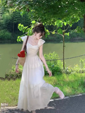 heavy embroidery small flying sleeves square neck long dress cake skirt HZ1024