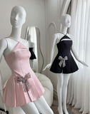 Black Halter A-Line Satin Pleated Short Evening Dress Elegant Party Dress HZ1024