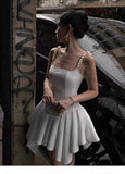 White Square Neck A-Line Satin Short Birthday Dress Cocktail Party Dress HZ1024