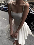 White Square Neck A-Line Satin Short Birthday Dress Cocktail Party Dress HZ1024