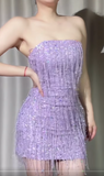 Purple Strapless Bodycon Beaded Short Prom Dresses Glitter Homecoming Dress HZ1024