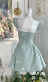 Mint Green Square Neck A-Line Satin Pleated Short Birthday Evening Dress Party Dress HZ1024