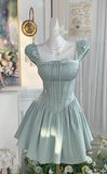 Mint Green Square Neck A-Line Satin Pleated Short Birthday Evening Dress Party Dress HZ1024