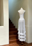White Spaghetti Straps A-Line Tulle Lace Birthday Evening Dress Vintage Formal Dress HZ1024