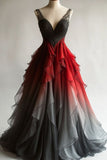 Gradient V-Neck A-Line Tulle Long Prom Dresses Unique Evening Dresses HZ1024