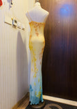 Yellow Spaghetti Straps Sheath Chiffon Long Prom Dresses Vintage Beaded Evening Dress HZ1024